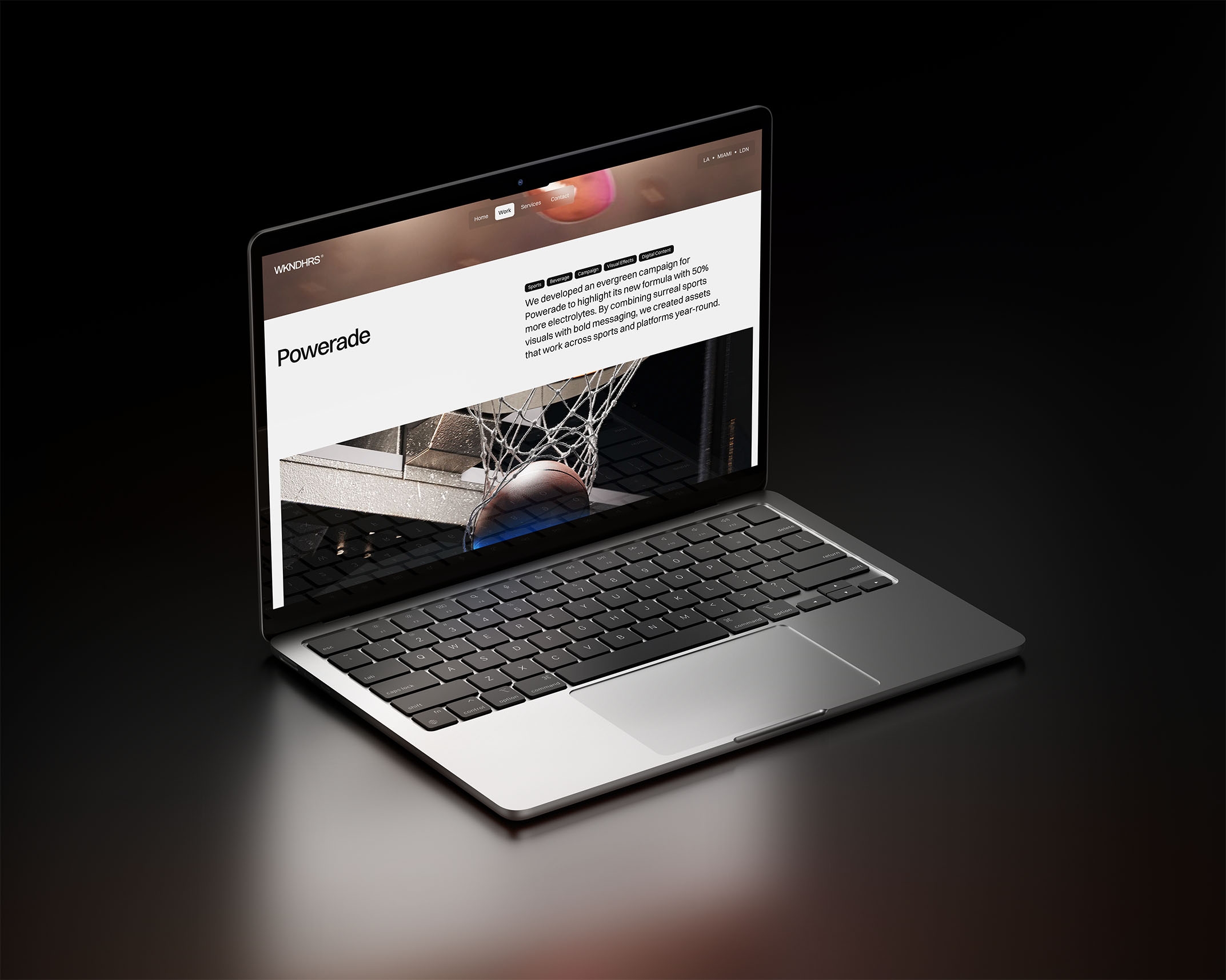 WKNDHRS Powerade case study displayed on a laptop, featuring a basketball scene and campaign details within a clean, editorial website layout