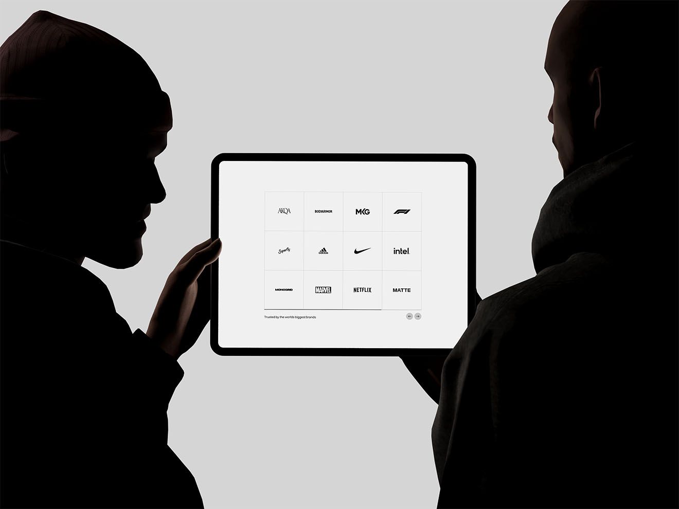WKNDHRS customers page displayed on a tablet, showing a minimalist grid of well-known brand logos on a clean white interface