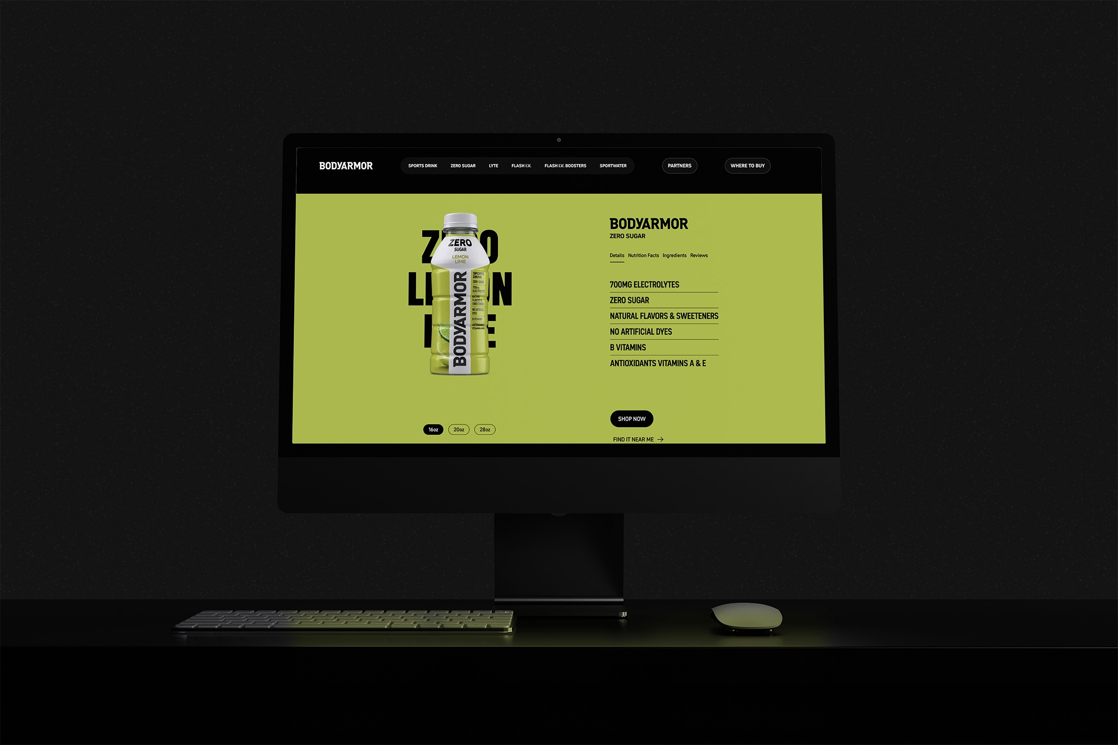 Desktop monitor displaying the Bodyarmor zero sugar lemon lime sports drink product page with bottle imagery, nutrition highlights, and purchase options on a green background