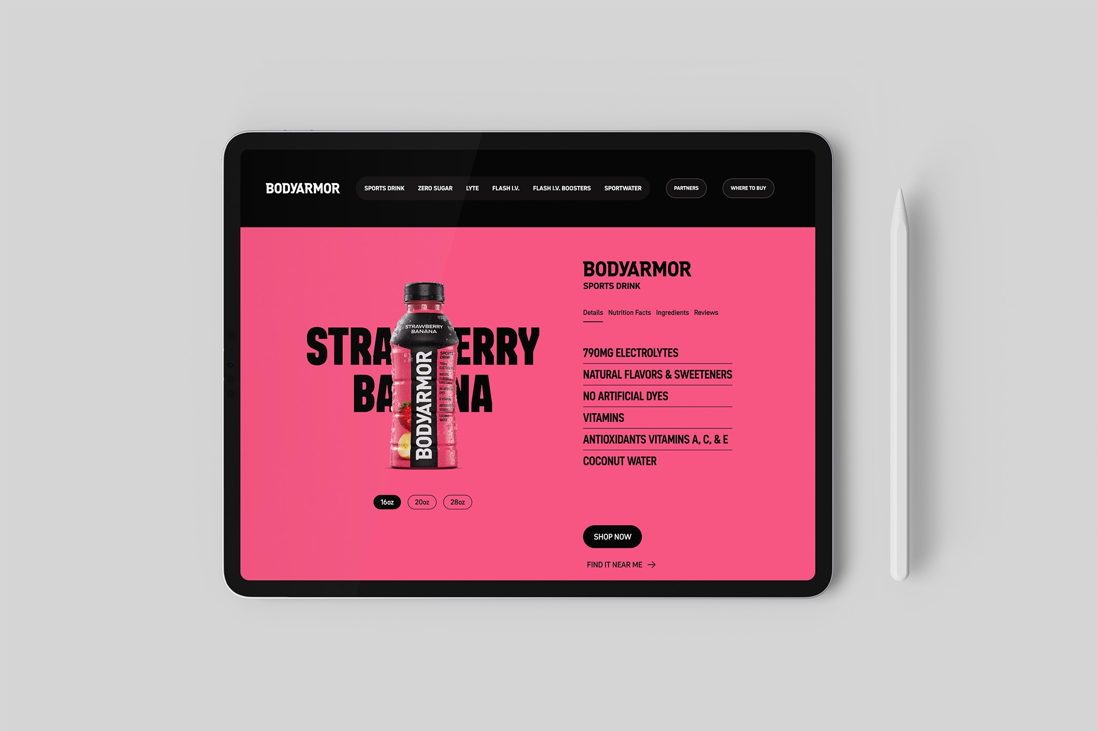 Tablet mockup showing the Bodyarmor strawberry banana sports drink product page with bottle imagery, nutrition highlights, and call-to-action buttons on a pink background