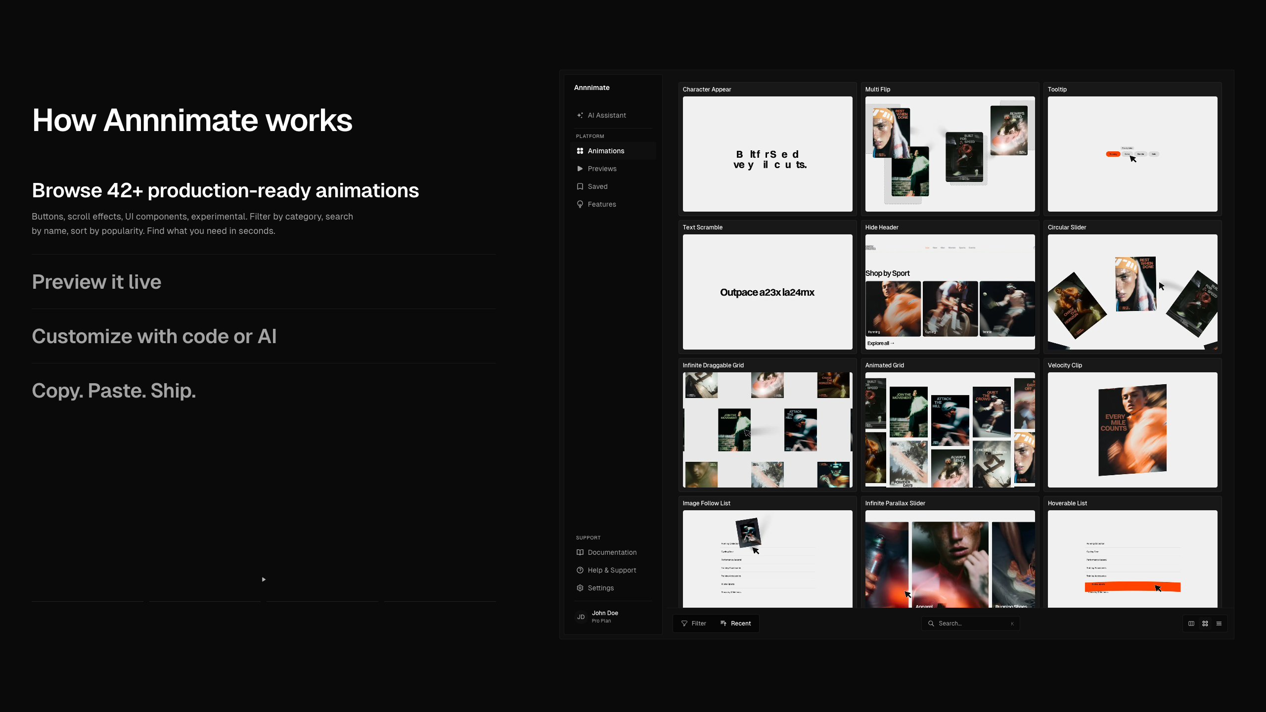 Annnimate interface showing how the platform works, with steps to browse, preview, customize, and ship animations alongside the animation library grid
