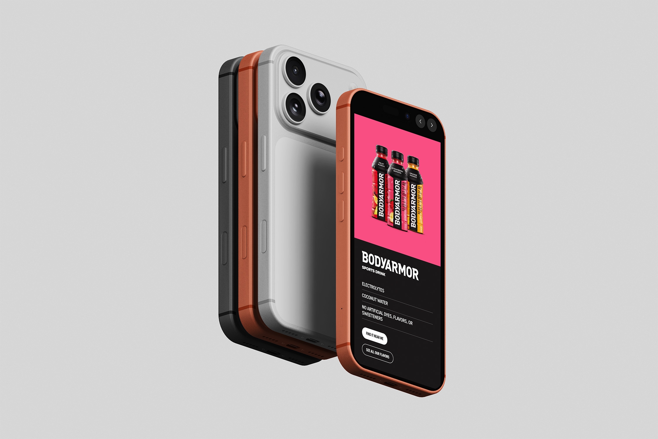 Stacked smartphone mockup displaying the Bodyarmor sports drink mobile product page with product bottles on a pink background and key features listed below