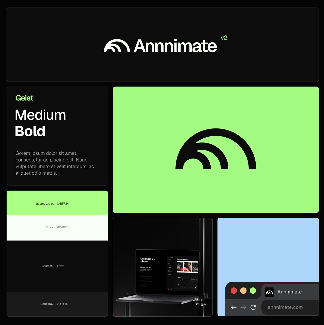 Annnimate brand board featuring logo, typography, color palette, and interface mockups in a dark UI layout