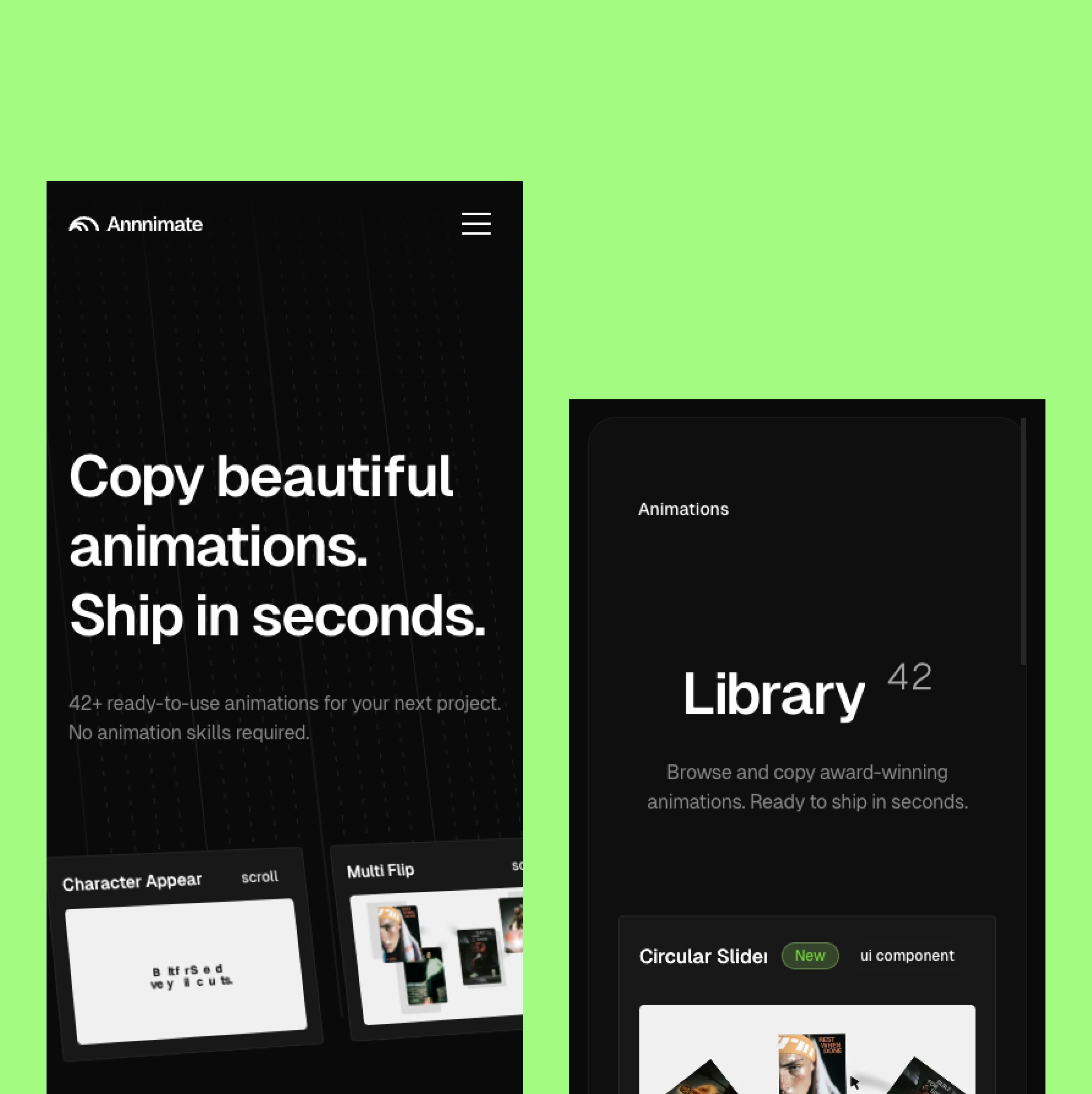 Mobile screens displaying the Annnimate homepage and animation library side by side on a green background