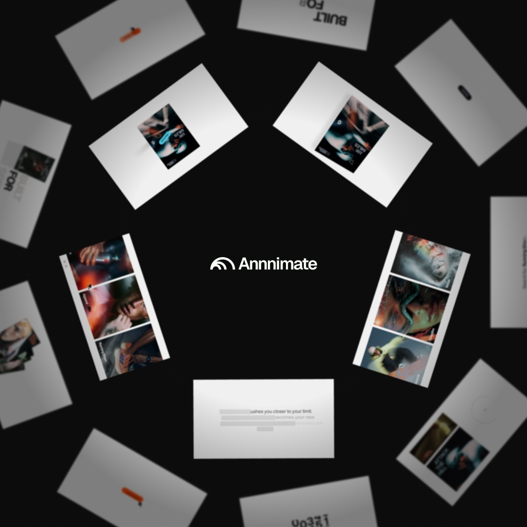 Annnimate logo centered among floating UI cards and animated layout previews on a dark background