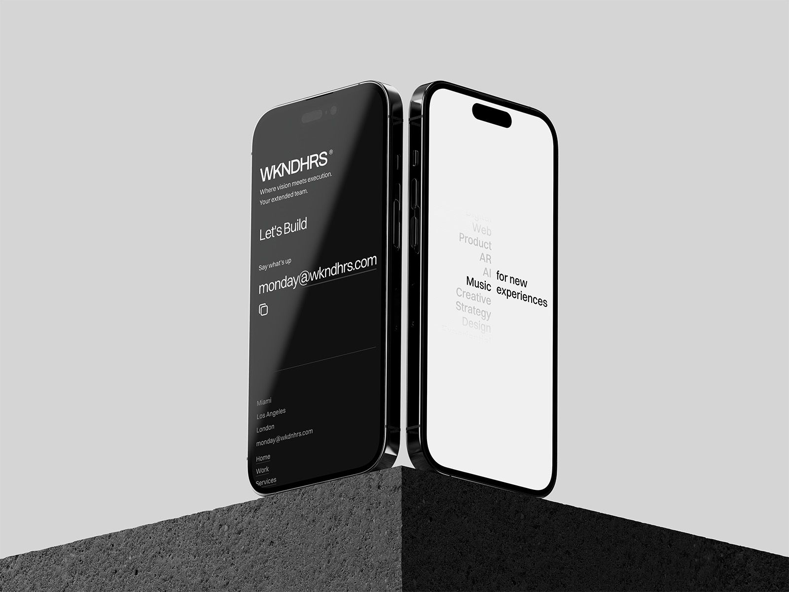 WKNDHRS mobile website mockup displayed on dual smartphones, featuring contact details, services, and creative capabilities in a minimalist black-and-white design