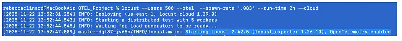locust --users 500 --otel --spawn-rate '.883' --run-time 2h --cloud