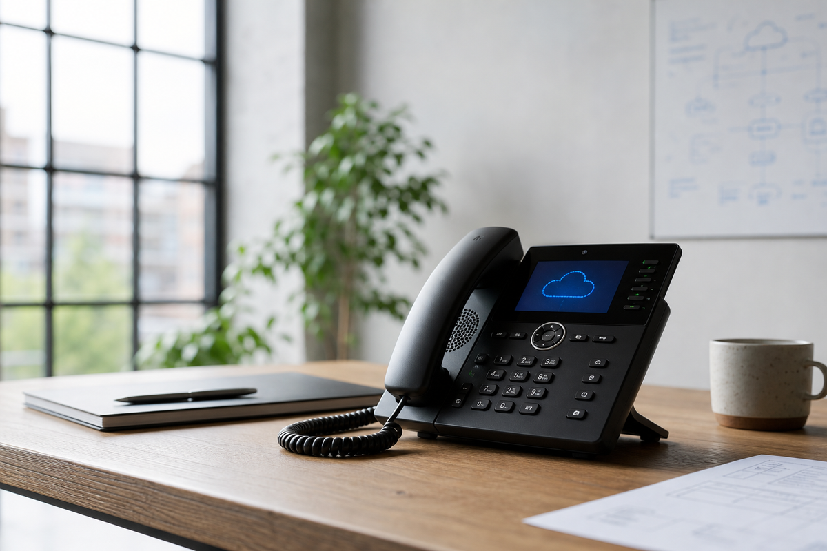 A small business owner configuring a cloud PBX phone system on a laptop at a modern office desk