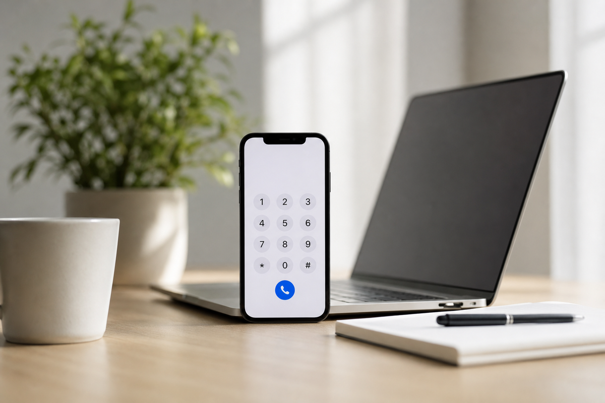 A small business owner setting up a business telephone number on a smartphone using a VoIP app