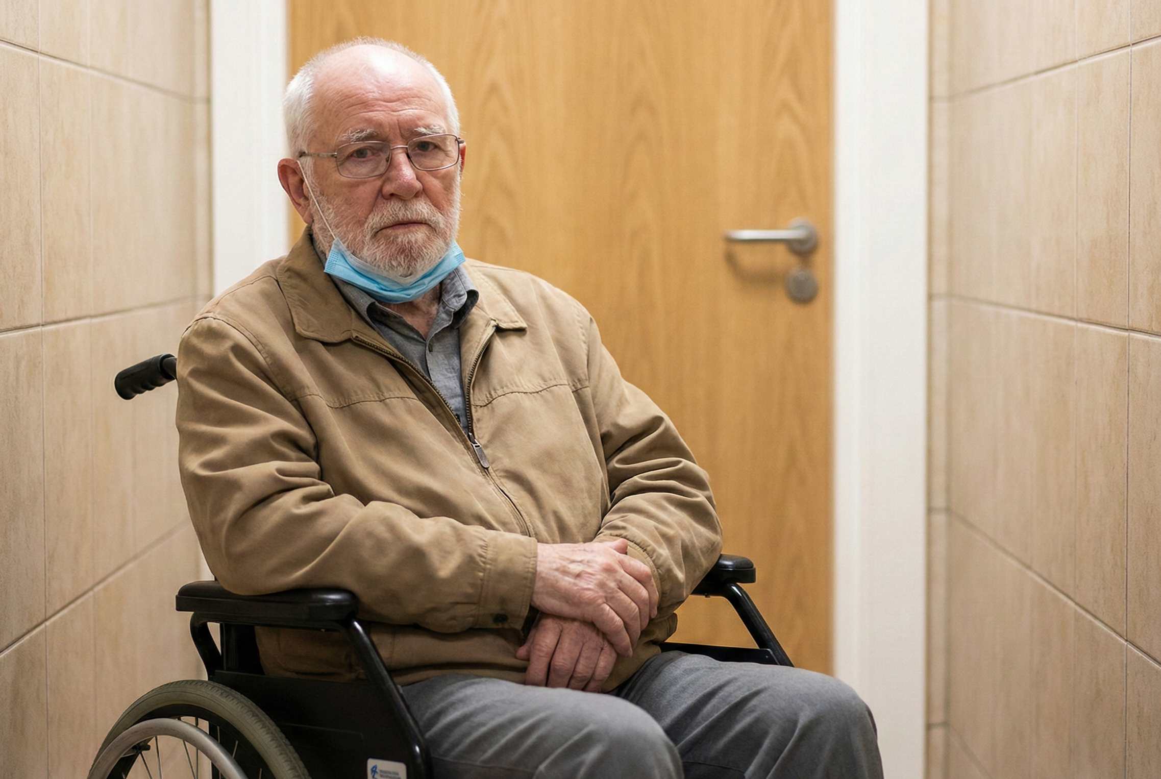Älterer Mann im Rollstuhl sitzt in einem Flur, mit Maske unter dem Kinn.