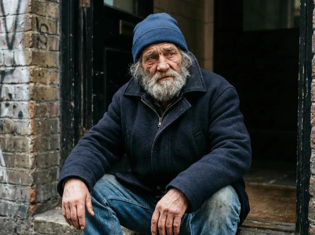 Älterer Mann mit Bart und Mütze sitzt auf einer Stufe vor einem Gebäude.