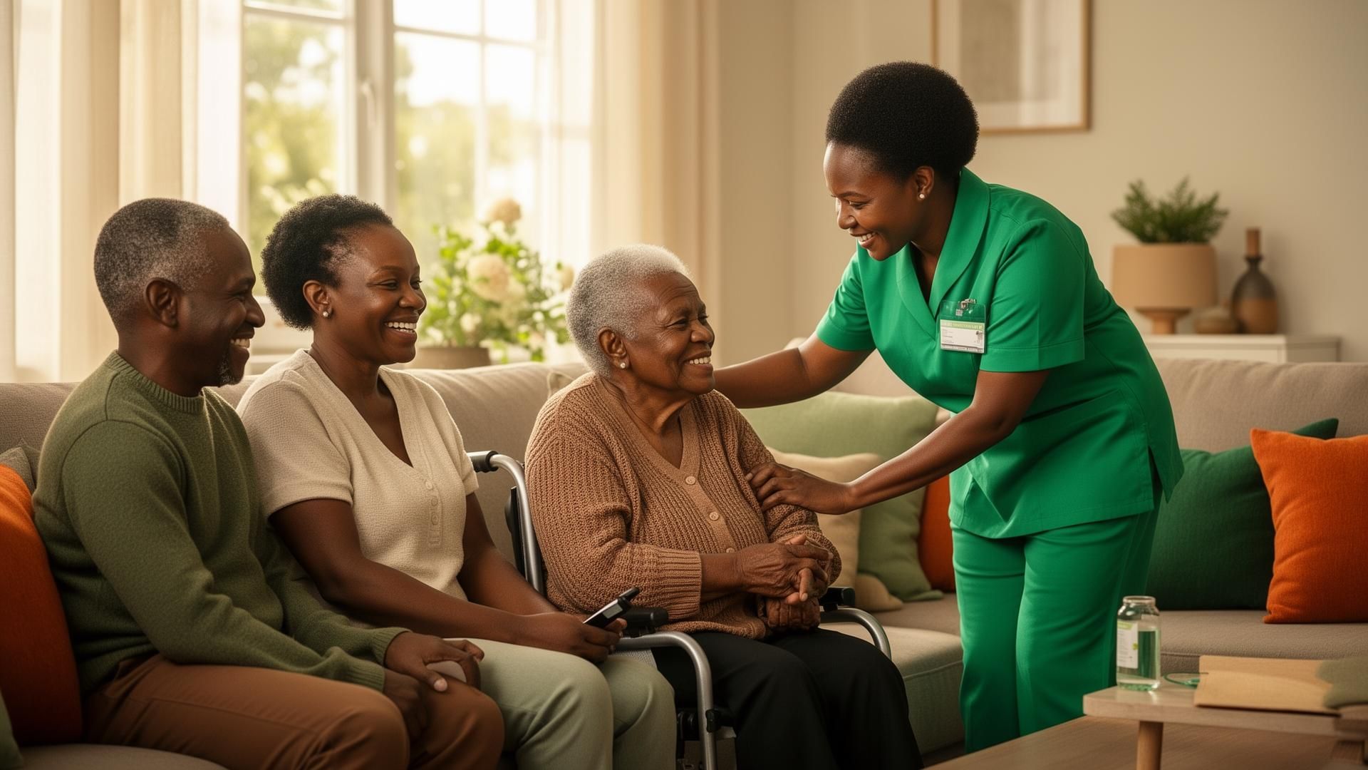 A nurse caring for a multigenerational African family at home