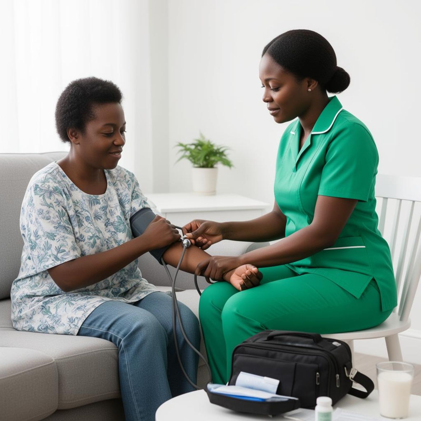 Ohana Care nurse checking a patient's blood pressure at home