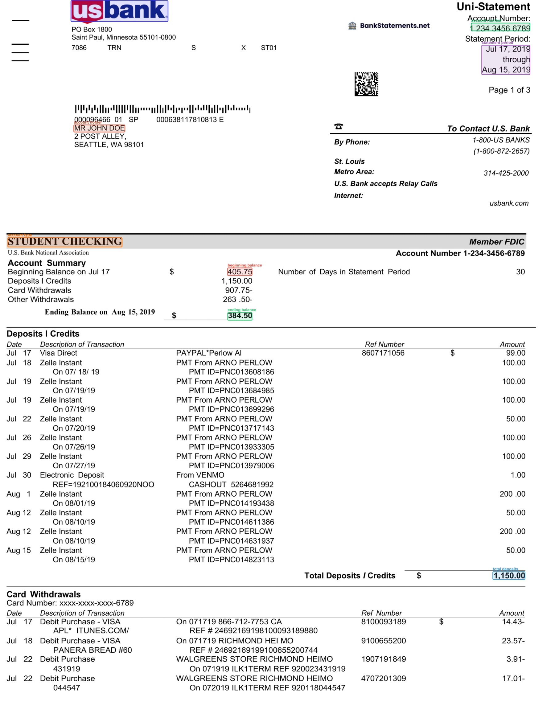 Bounding boxes highlighting summary fields on a bank statement