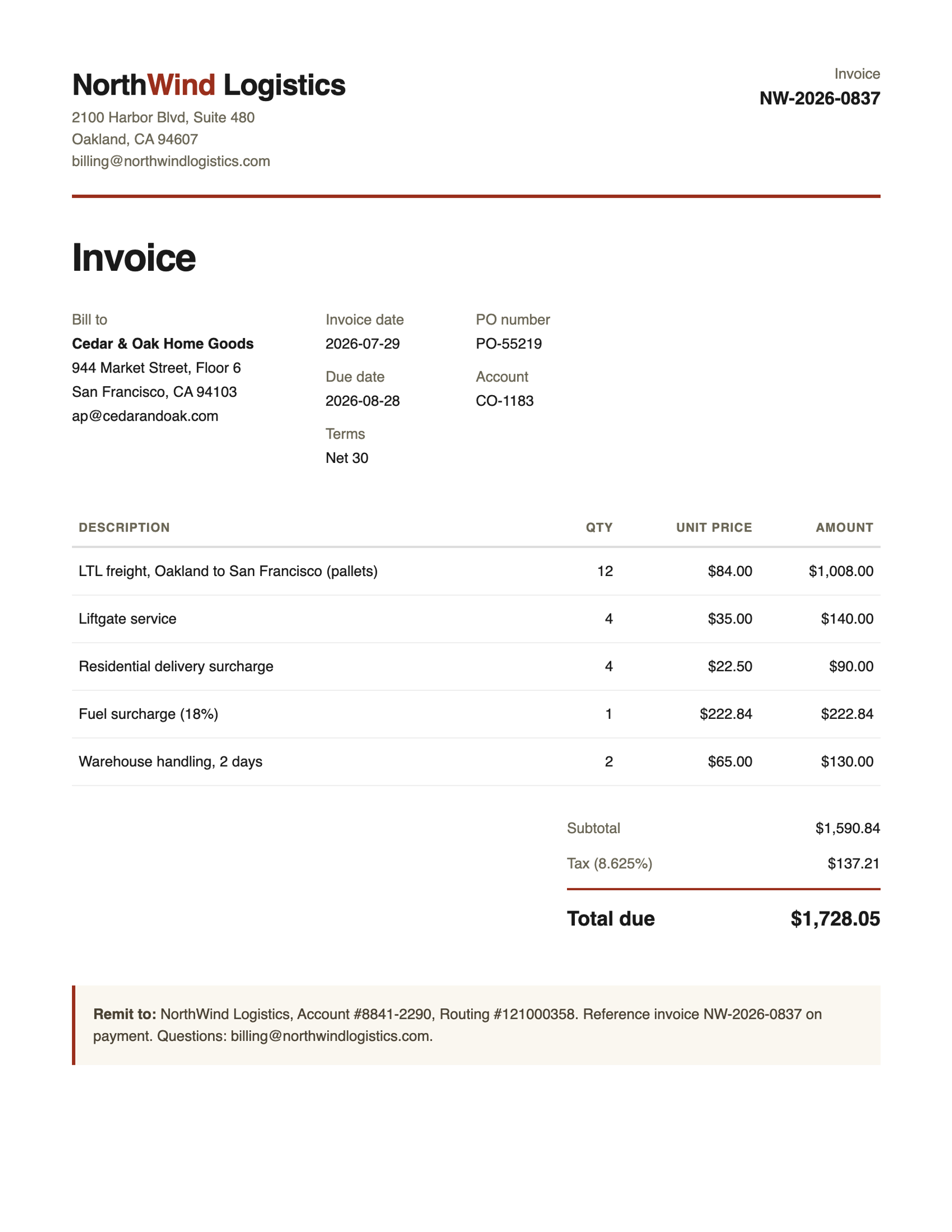 Source PDF: NorthWind Logistics invoice NW-2026-0837 to Cedar and Oak Home Goods