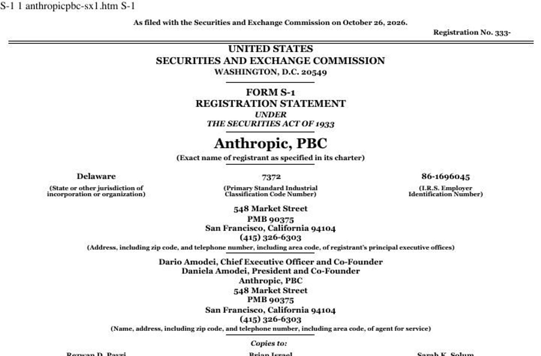 The cover page of Anthropic's Form S-1