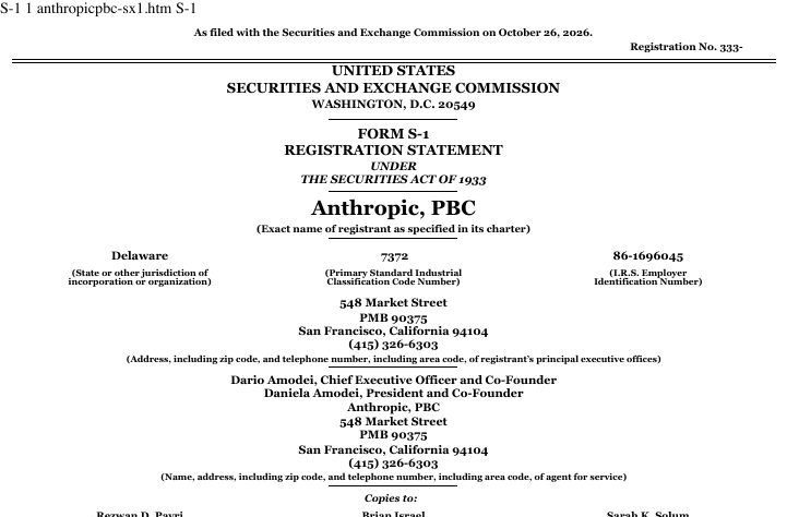 The cover page of Anthropic's Form S-1