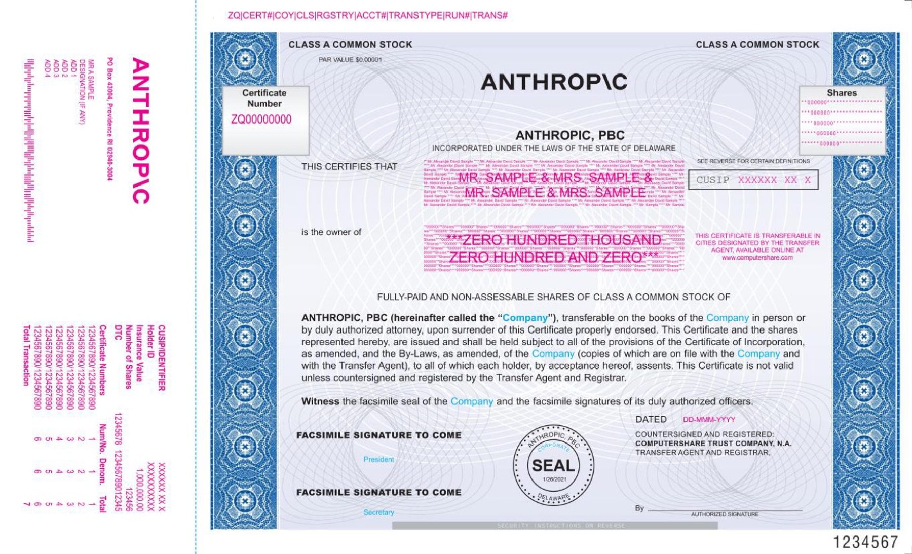 Specimen Class A stock certificate filed as Exhibit 4.1