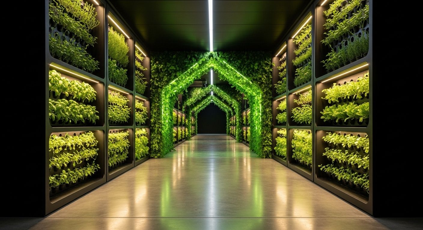 Corridor lined with hydroponic vertical gardens emitting soft LED glow