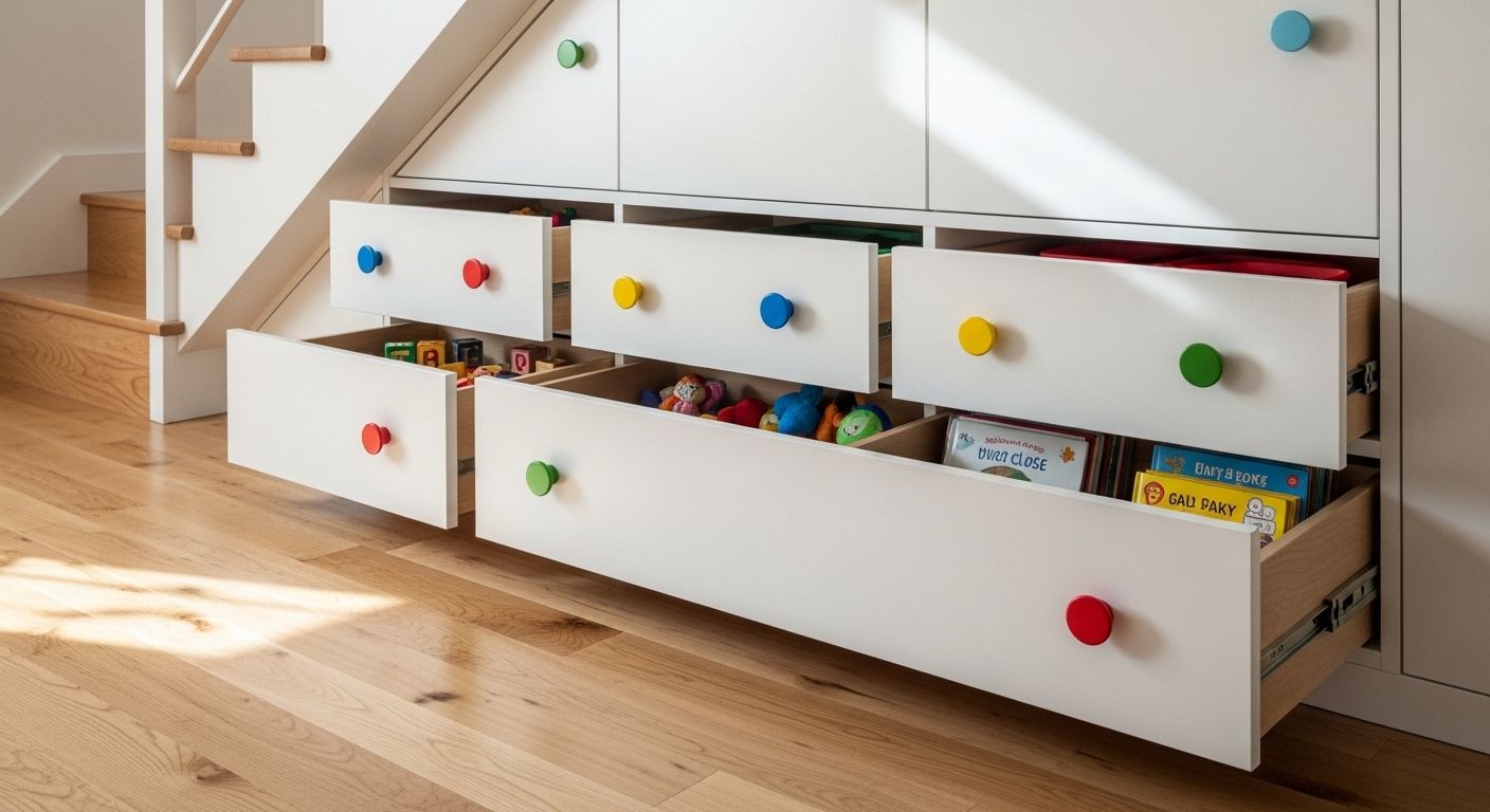 Playroom under-stair toy storage drawers with colorful knobs and soft-close runners