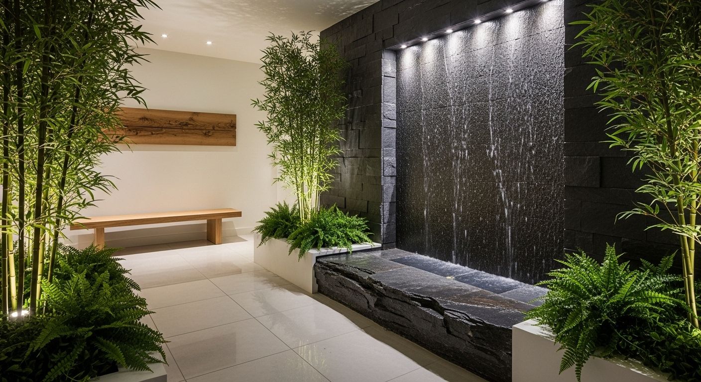 Reception with slate water wall and bamboo planters