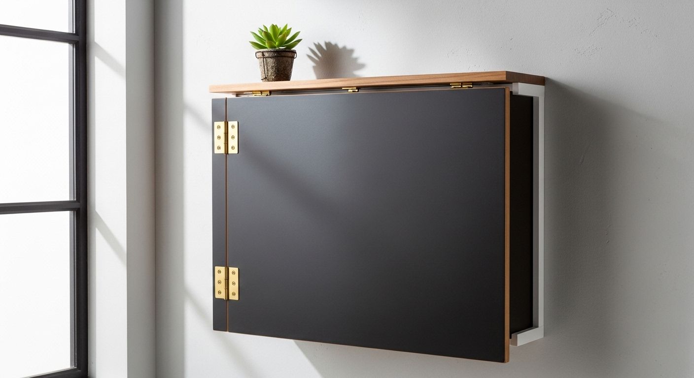 Fold-up wall desk with chalkboard panel in closed position