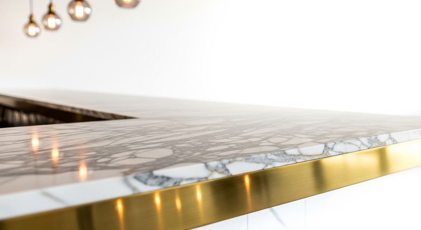 Close-up of Calacatta marble bar surface with brass detailing