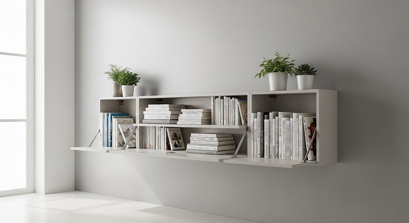 Fold flat floating bookshelf extended on wall