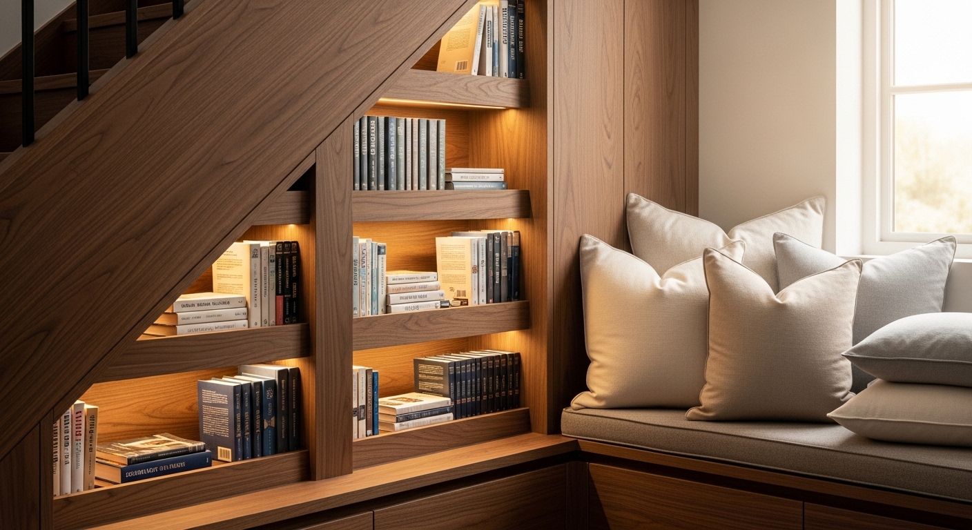 Reading nook with under-stair bookshelf drawers and cozy cushions