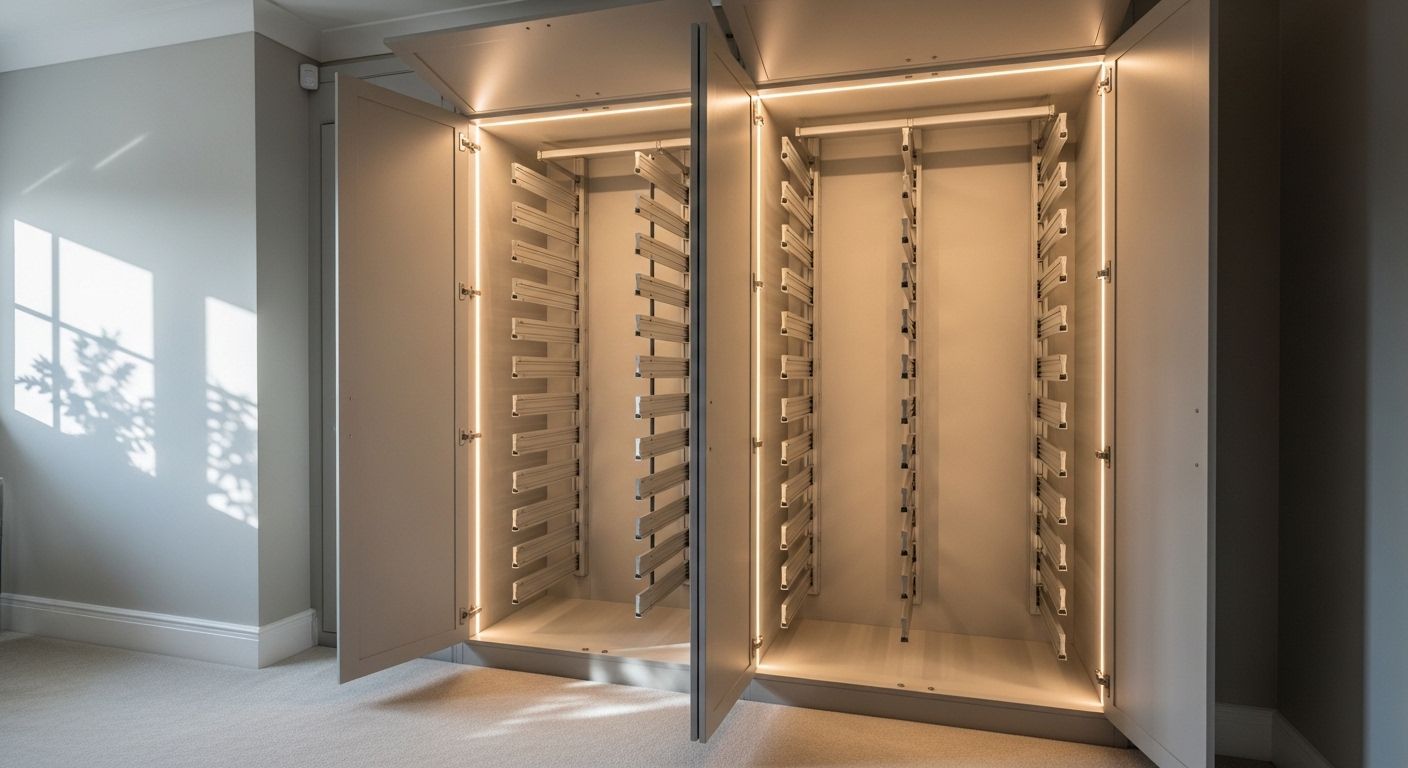 Under-stair pull-out wardrobe closet with hanging rails and LED lighting