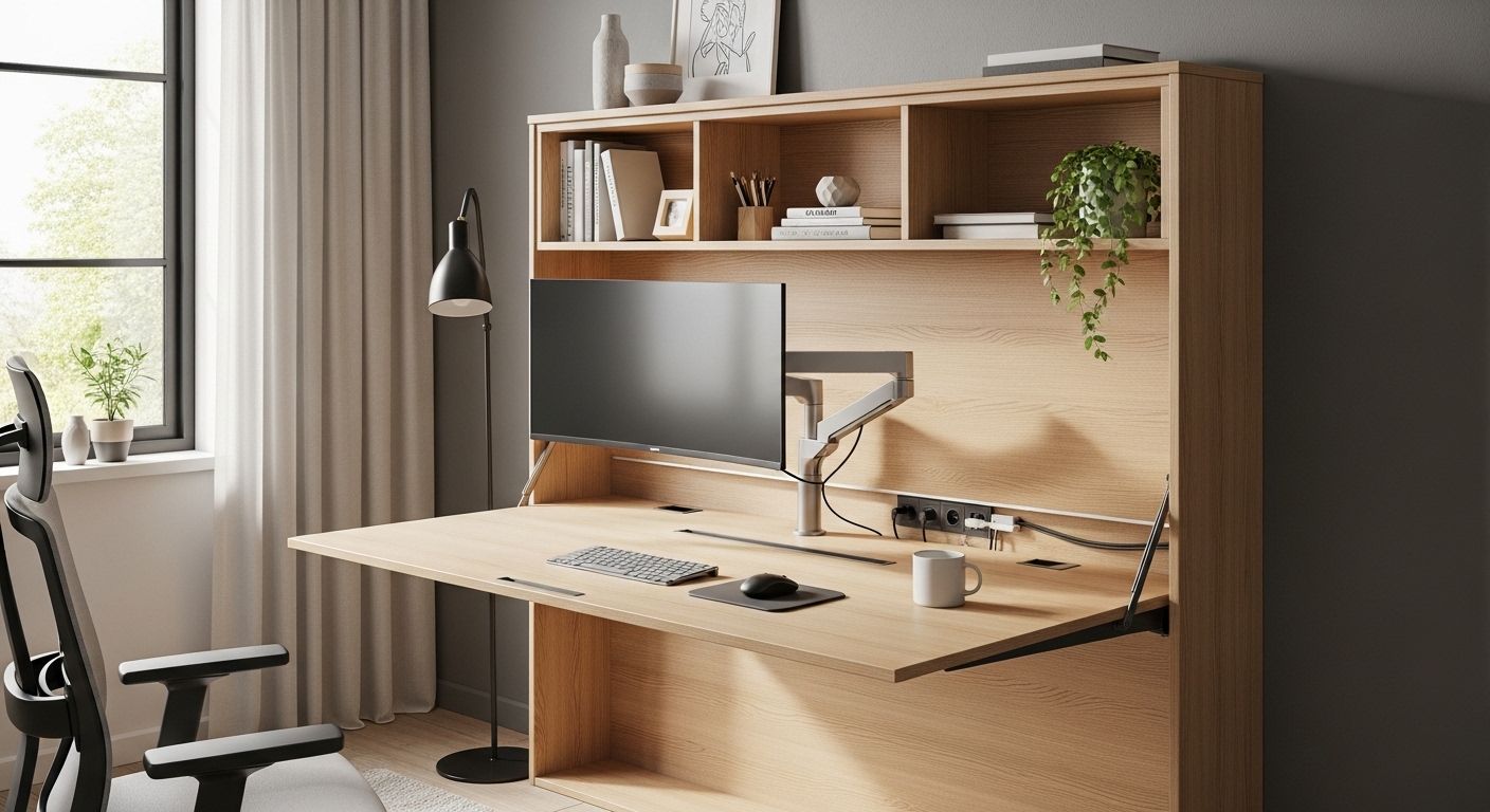 Fold-down wall desk opened into functional workspace
