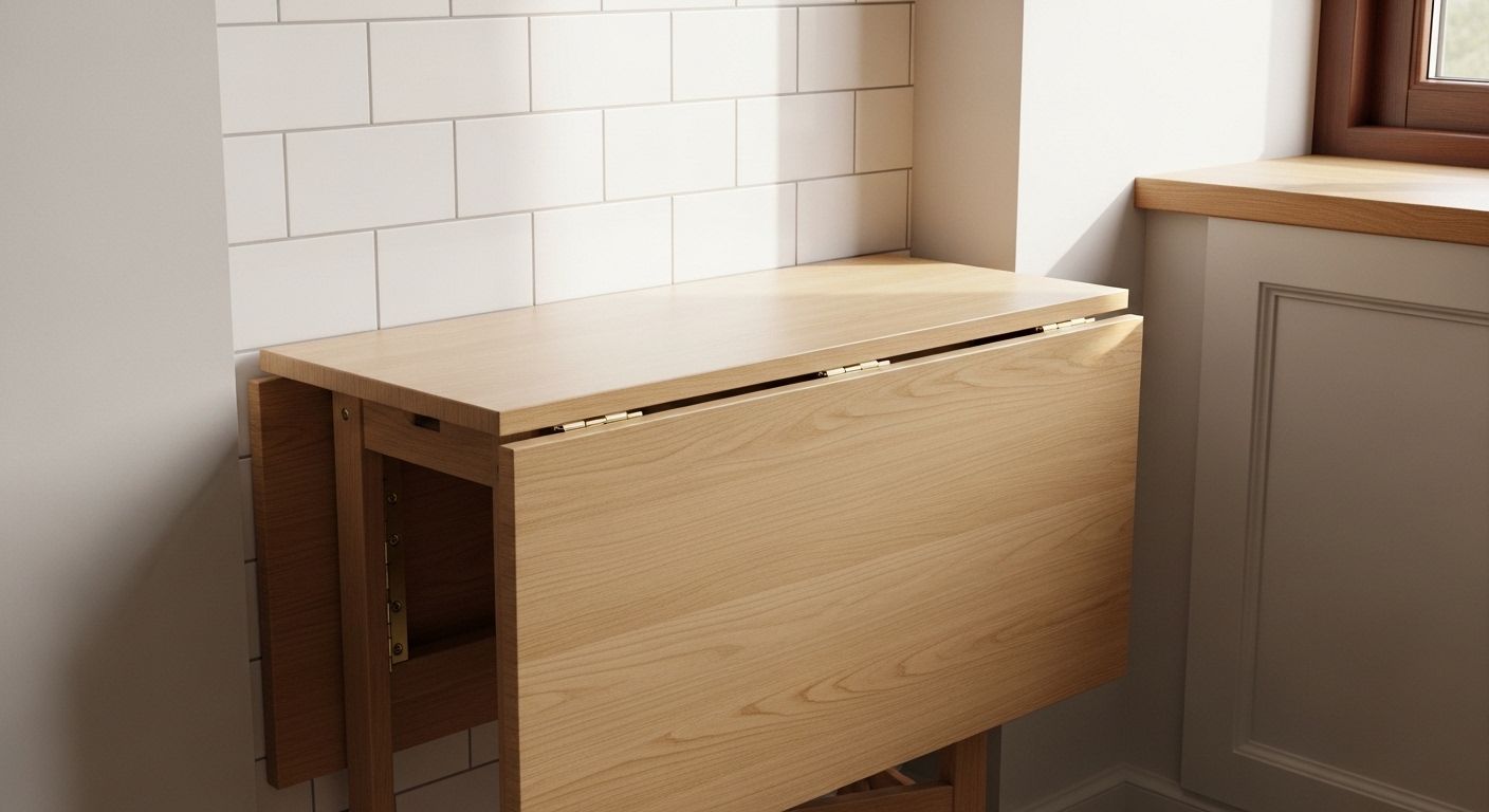 Ultra-thin drop-leaf table folded flat against kitchen wall