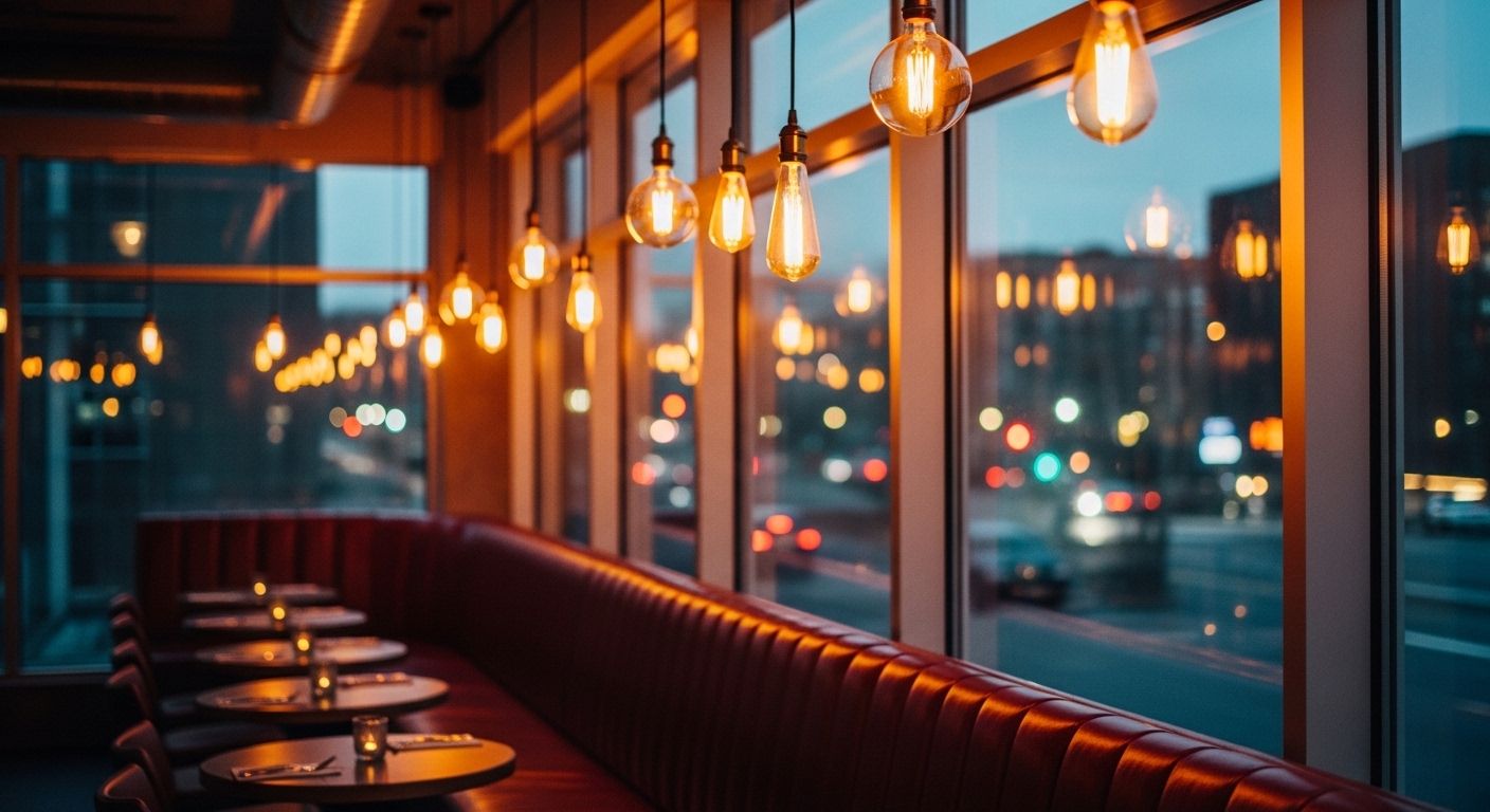 Cozy restaurant ambiance at dusk with Edison bulb lighting