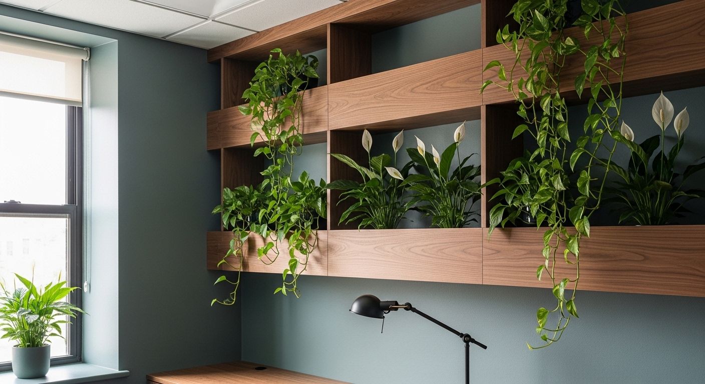 Private office with slate walls and cascading plants on shelves