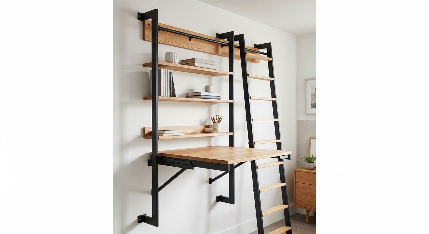 Ladder shelf folding out into standing desk