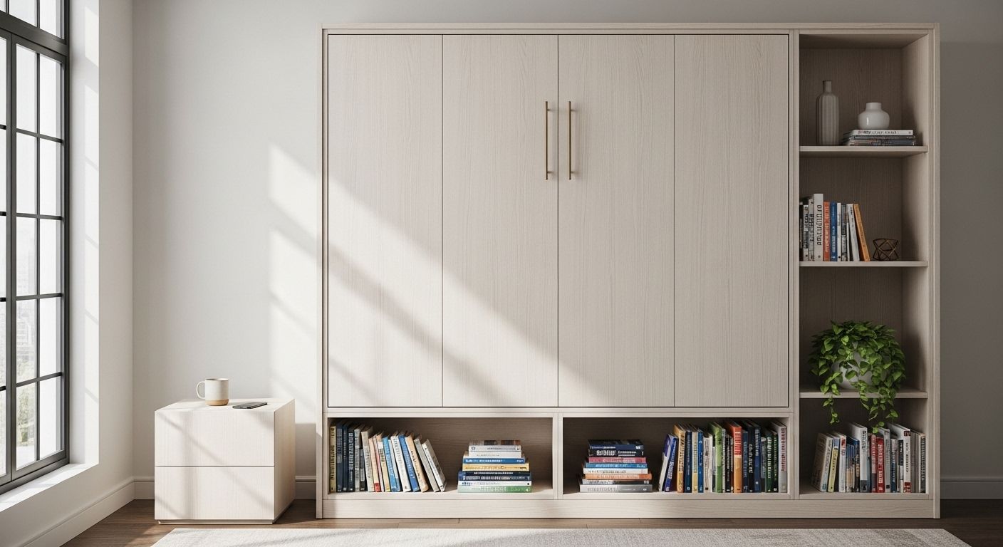 Murphy bed concealed in wall cabinet with shelving unit