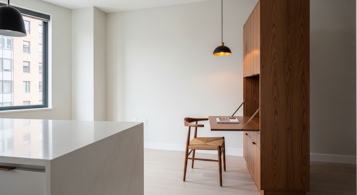 Fold-down desk integrated into storage column in small studio