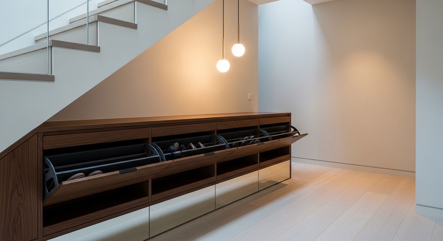 Hallway under-stair shoe storage cabinet with flip-out velvet-lined drawers