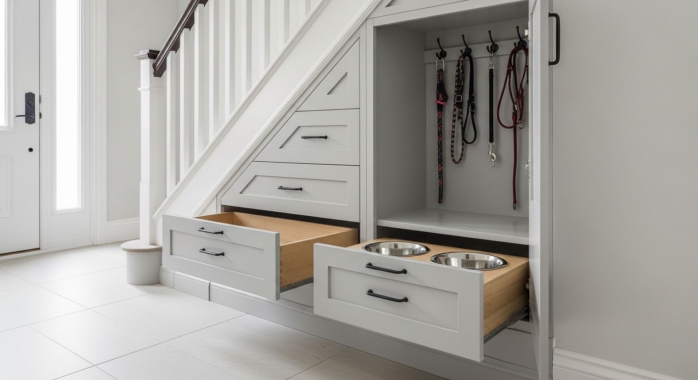 Pet supply drawer under staircase with integrated stainless steel feeding bowls