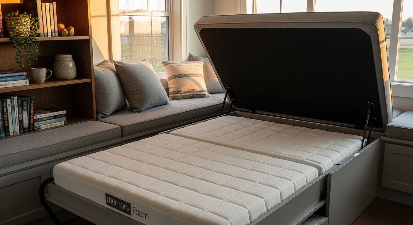 Window seat lifting to reveal fold away guest bed