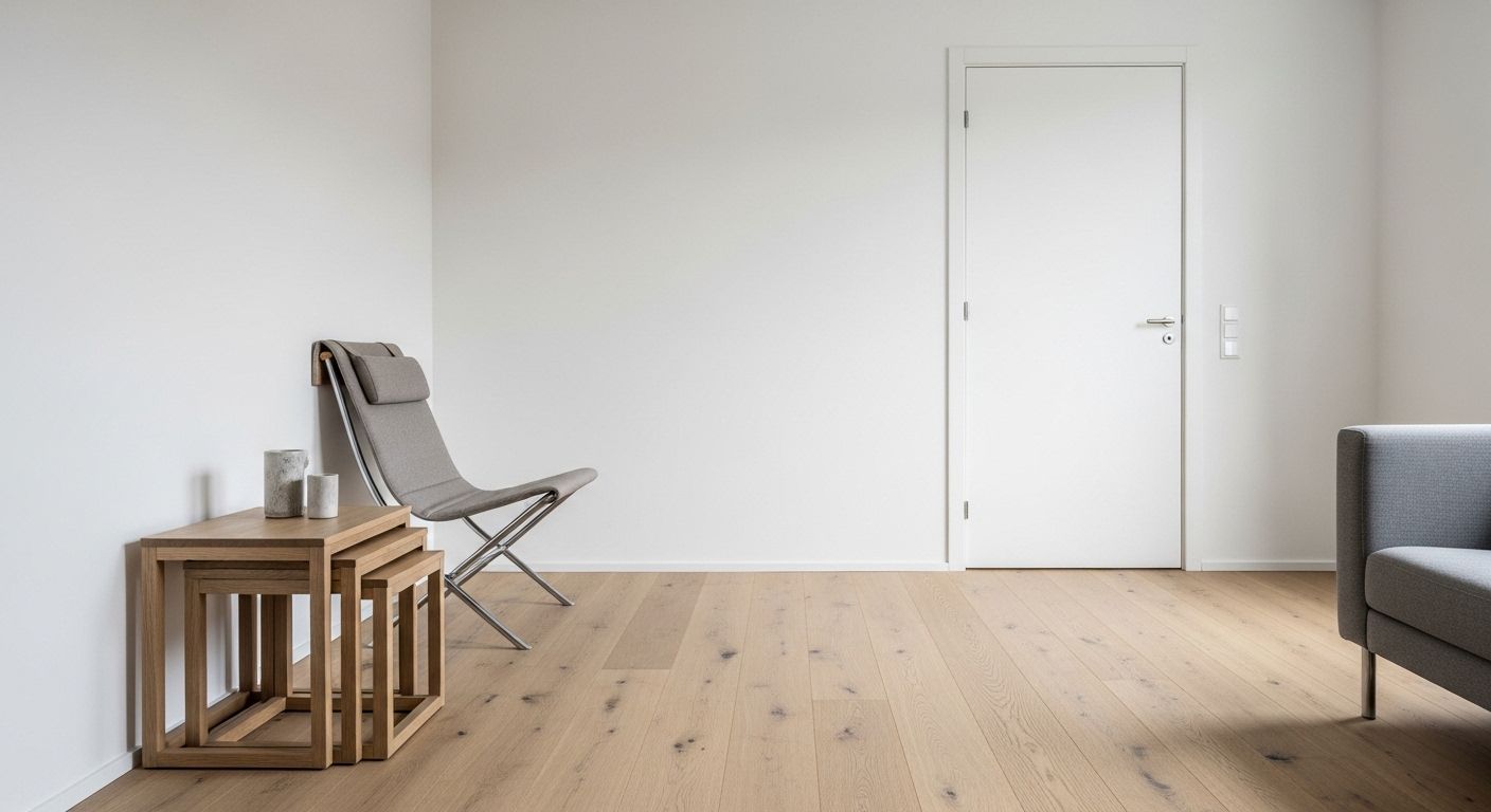 Nesting tables and fold-flat chair stored vertically in tiny living room