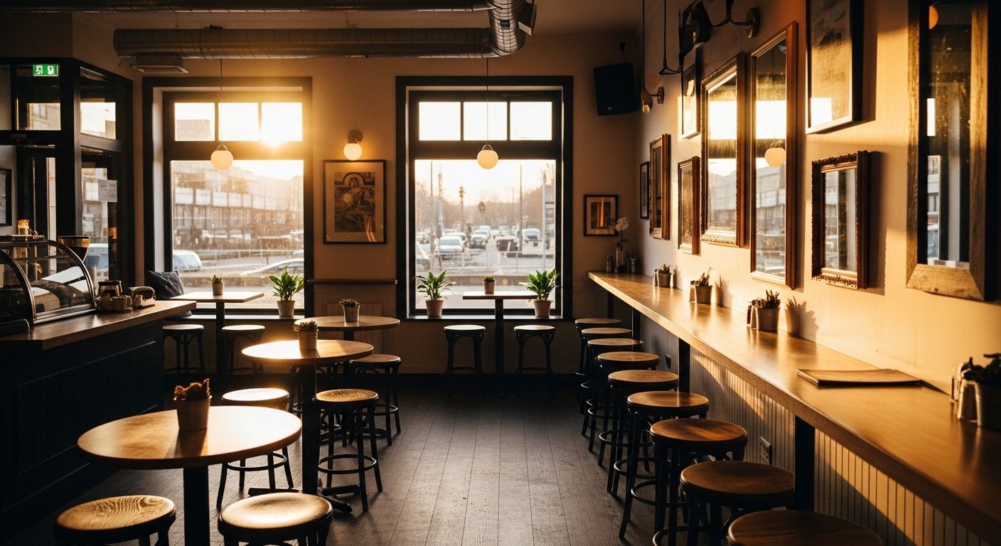 Golden hour ambiance in small mirrored café