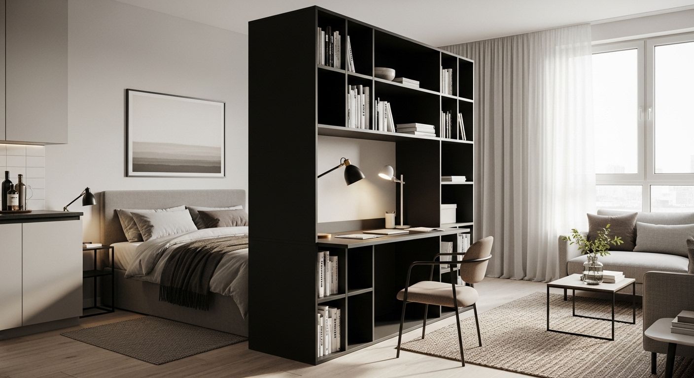 Double-sided bookshelf separating bed and sofa zones