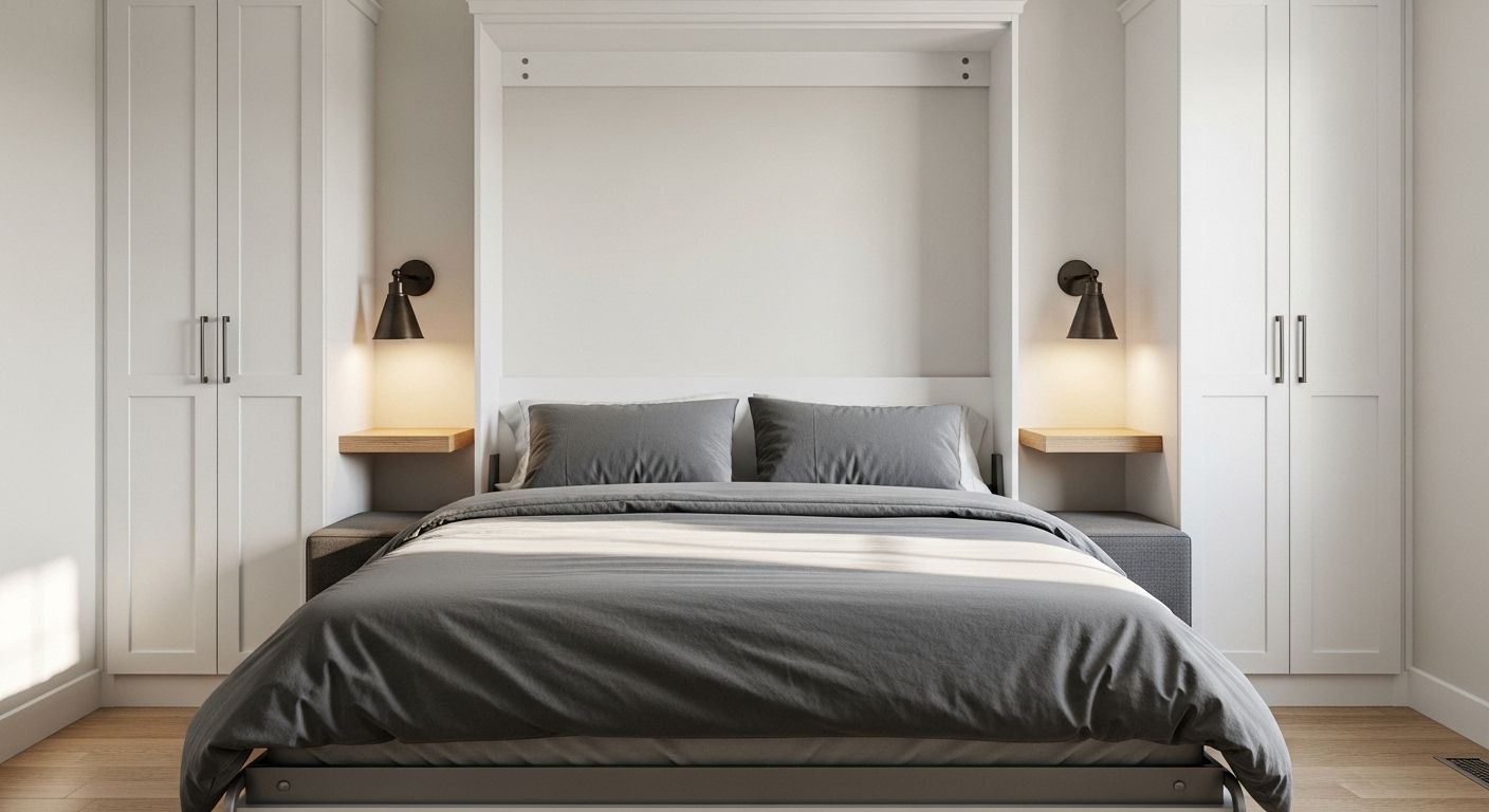 Murphy bed cabinet folded down in small bedroom