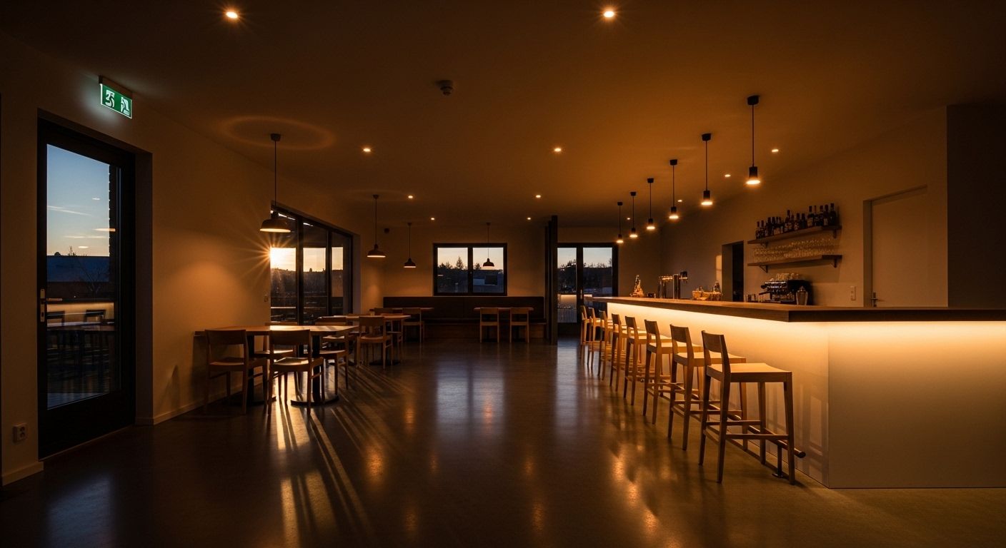Ambient-lit minimalist restaurant interior at dusk
