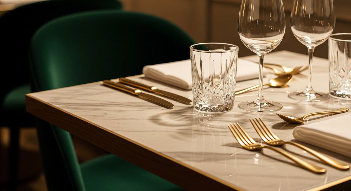 Close-up table setting on marble surface with brass and velvet accents