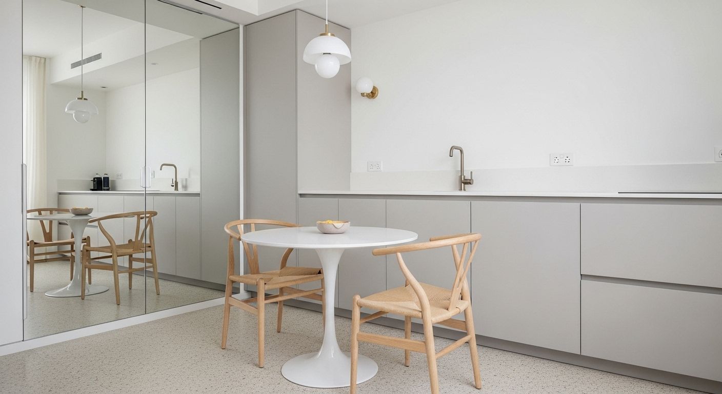 Dining niche with tulip table and mirror wall expanding space