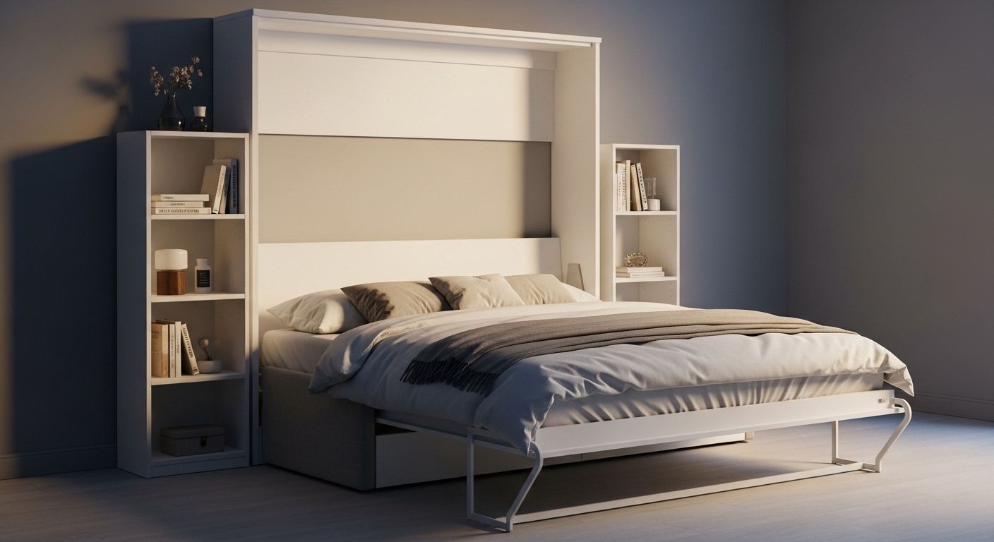 Fold flat murphy bed extended in compact bedroom