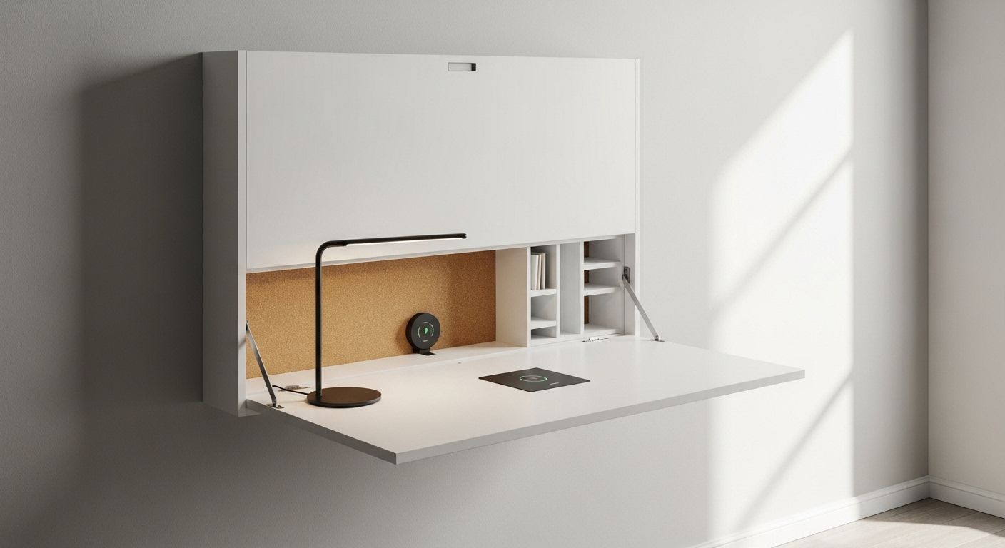 Fold away desk flipped up showing hidden storage and workspace