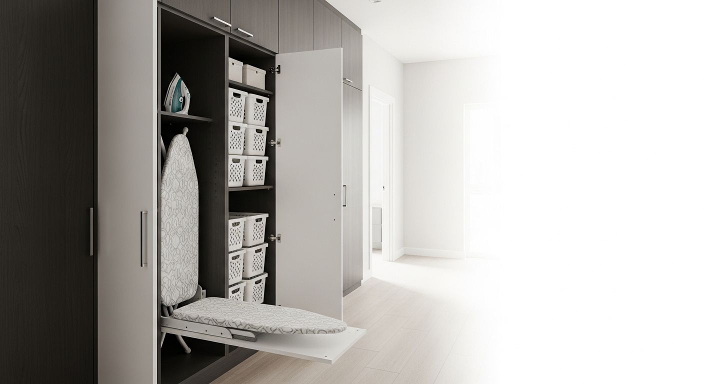 Storage cabinet with fold away ironing board in hallway